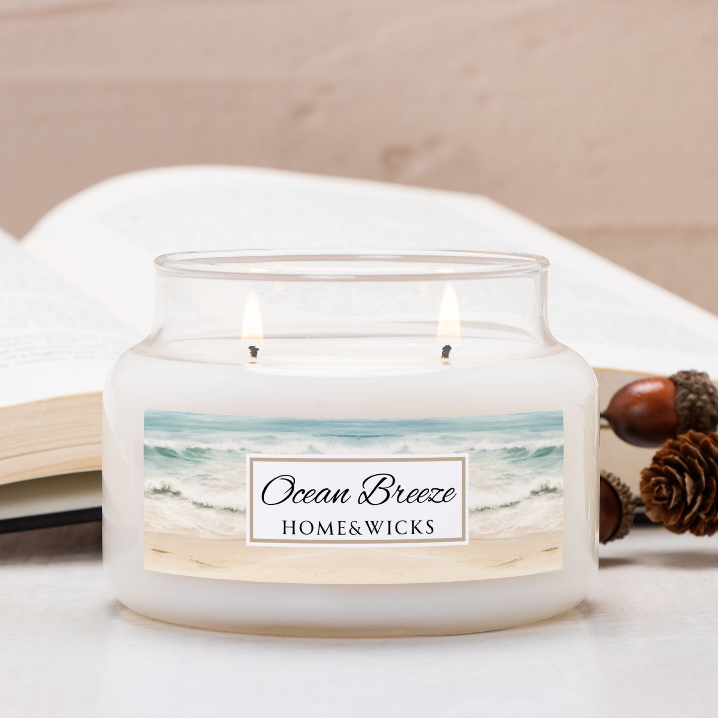 Ocean Breeze candle from Home & Wicks with a beach scene label on a neutral background
