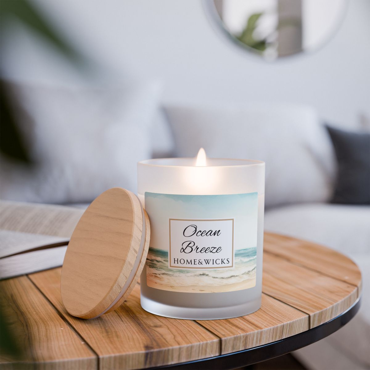 Wood wick candle labeled 'Ocean Breeze' with ocean shore image from Home & Wicks on a wooden table with a blurred background