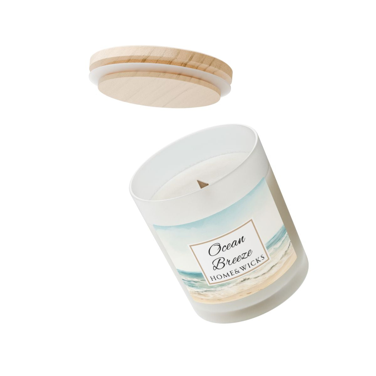 Wood wick candle with wooden lid labeled 'Ocean Breeze' with ocean shore image by Home Wicks on a white background