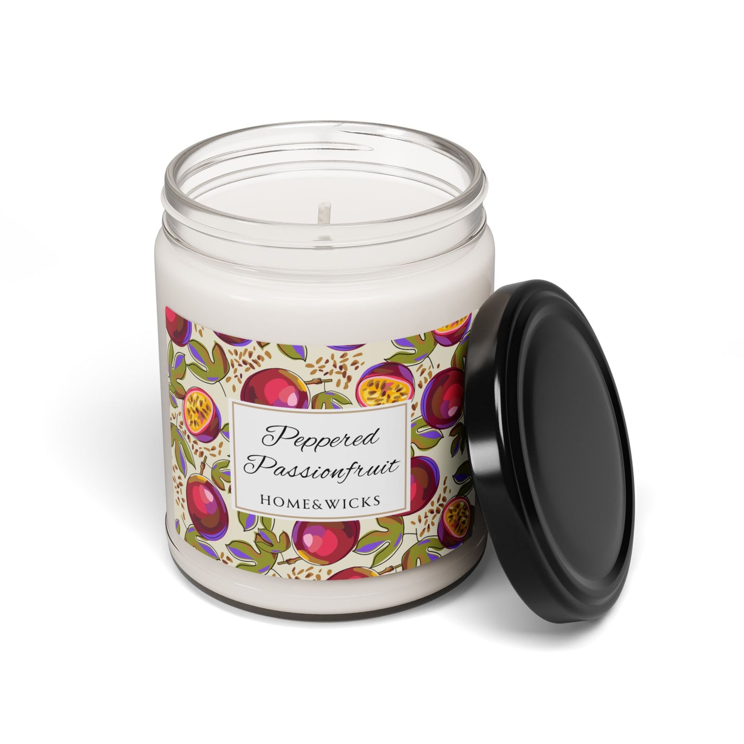 Candle jar with a colorful peppered passionfruit label on a white background