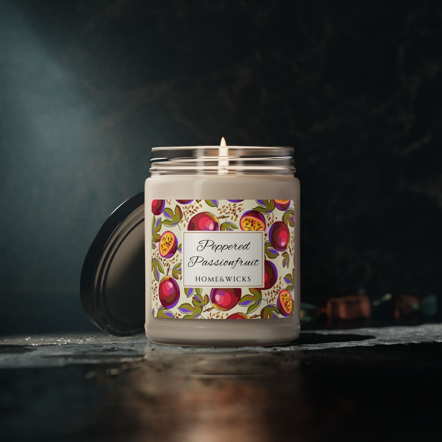 Homewkicks candle with a colorful label on a dark background
