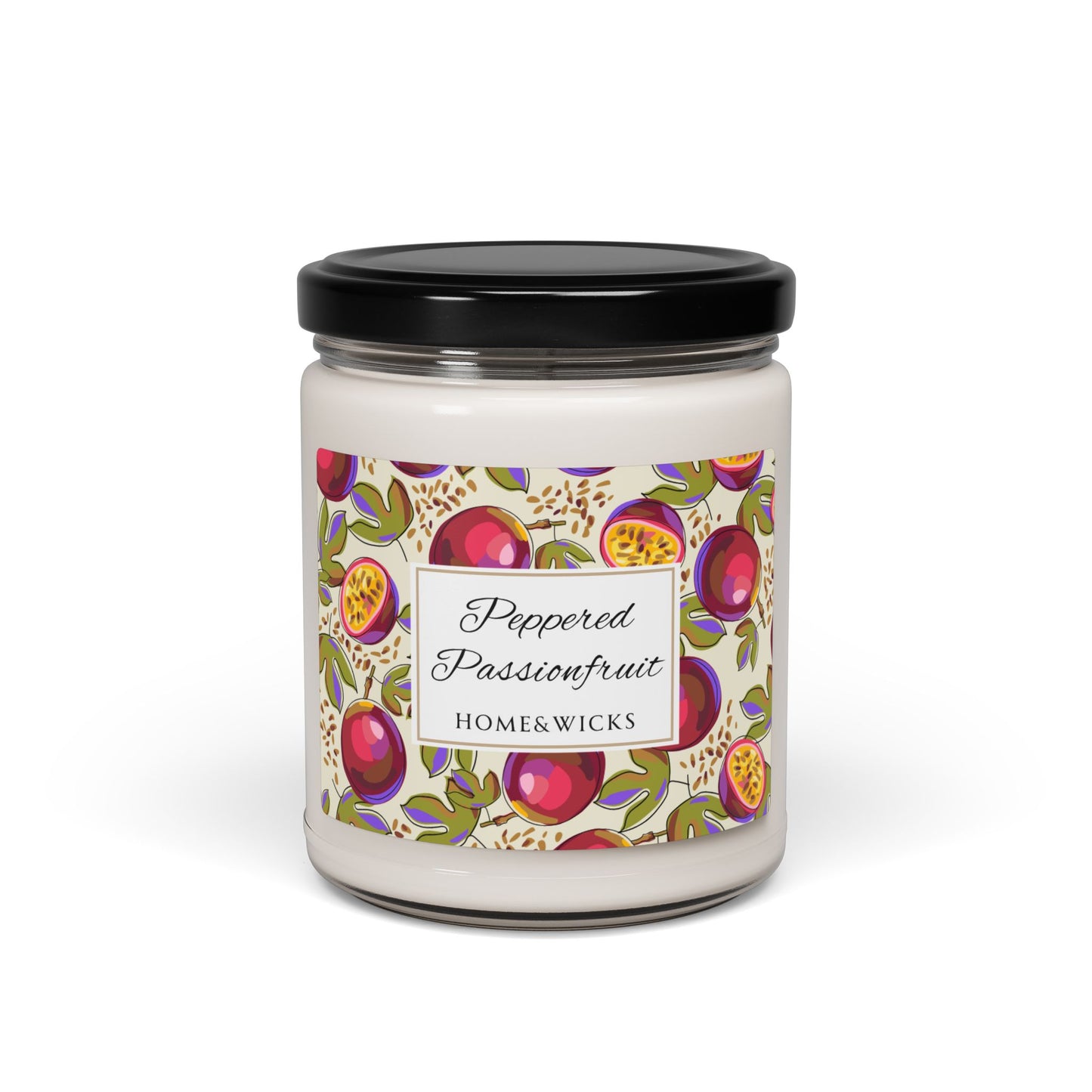 Home and wicks candle with a colorful peppered passionfruit label on a white background