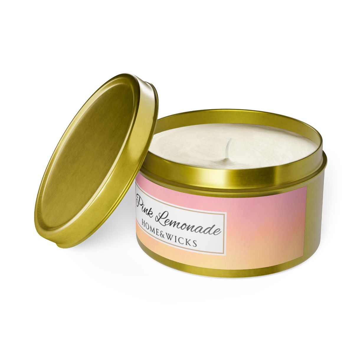 Pink Lemonade Coconut Soy Wax Candle, 8 oz. Gold Tin Jar with Lid - Fruity Scented Candle, Gourmand Candle, Summer Decor