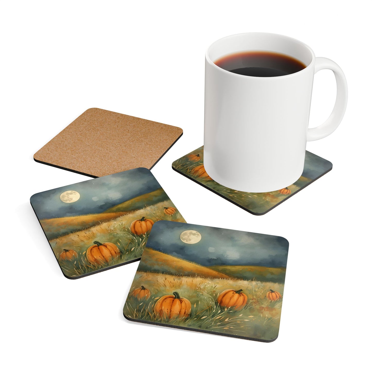 Set of four Pumpkin Field coasters with pumpkins and a moon, one coaster and a white mug with coffee.