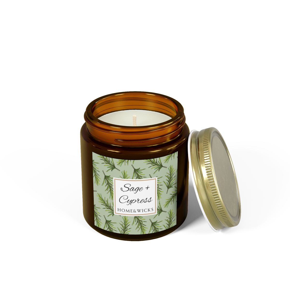 Sage & Cypress candle in a 4 oz. amber glass jar with a gold lid and 'Sage + Cypress' label on a white background by Home & Wicks