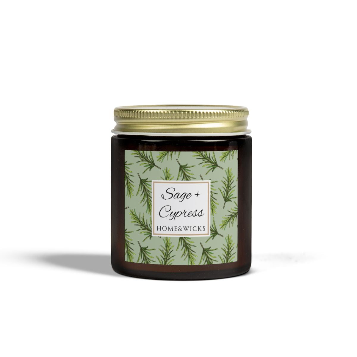 Sage & Cypress candle in a 4 oz. amber glass jar with a gold lid and 'Sage + Cypress' label on a white background by Home & Wicks