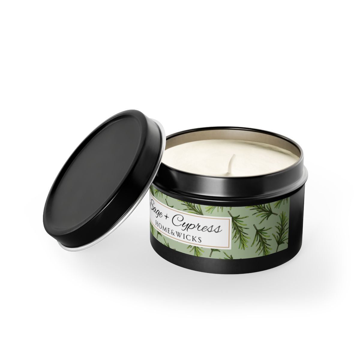 Sage & Cypress Coconut Soy Wax Candle, 4 oz. Black Tin Jar with Lid - Aromatic Scented Candle, Captivating Scented Candle, Fall Candle