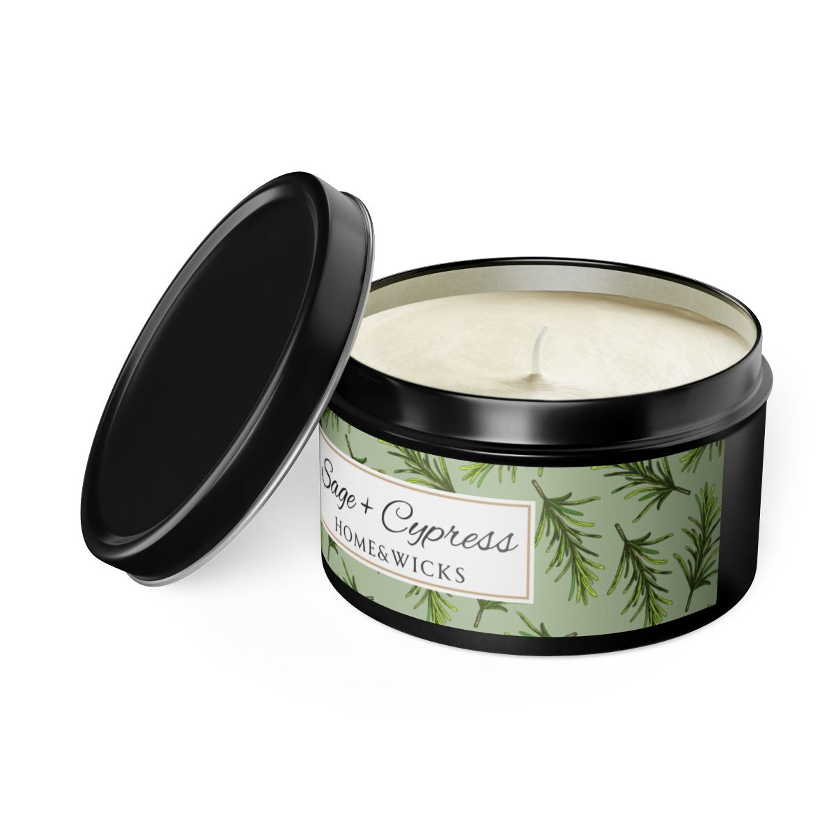Sage & Cypress Coconut Soy Wax Candle, 8 oz. Black Tin Jar with Lid - Aromatic Scented Candle, Captivating Scented Candle, Fall Candle