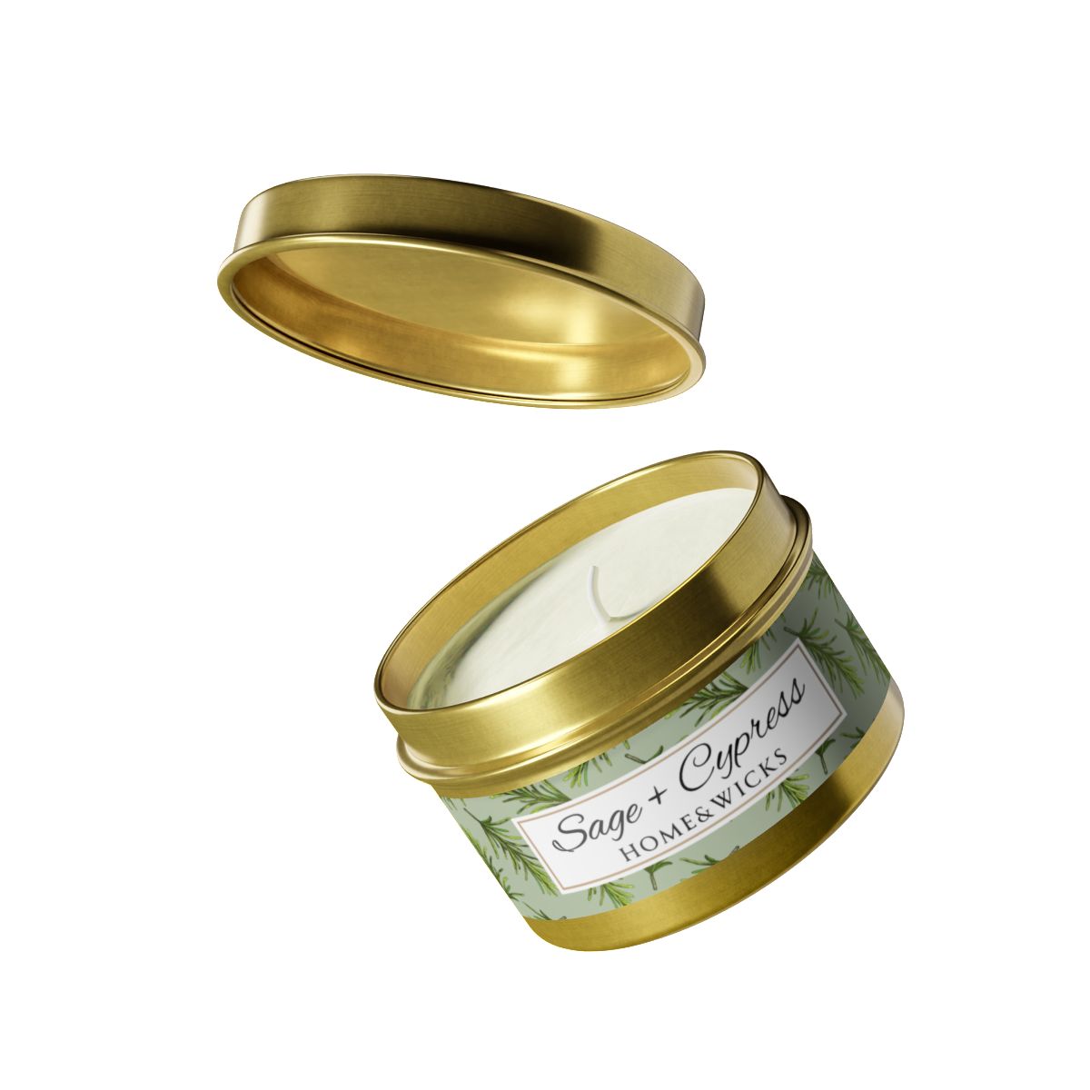 Sage & Cypress Coconut Soy Wax Candle, 4 oz. Gold Tin Jar with Lid - Aromatic Scented Candle, Captivating Scented Candle, Fall Candle