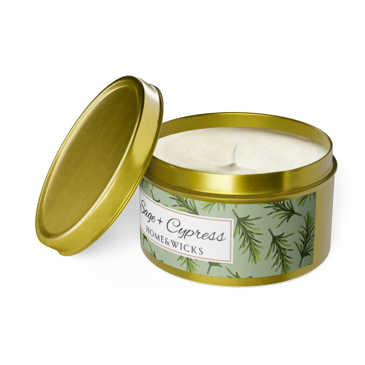Sage & Cypress Coconut Soy Wax Candle, 8 oz. Gold Tin Jar with Lid - Aromatic Scented Candle, Captivating Scented Candle, Fall Candle
