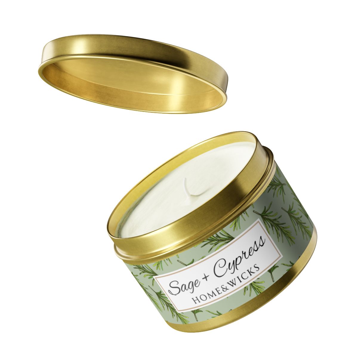 Sage & Cypress Coconut Soy Wax Candle, 8 oz. Gold Tin Jar with Lid - Aromatic Scented Candle, Captivating Scented Candle, Fall Candle
