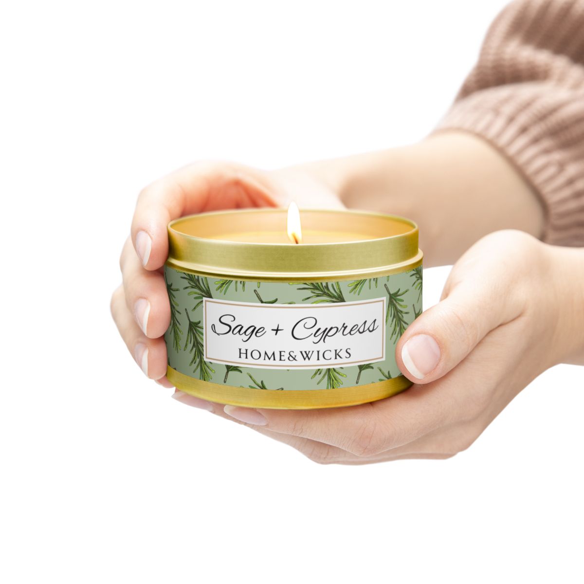 Sage & Cypress Coconut Soy Wax Candle, 8 oz. Gold Tin Jar with Lid - Aromatic Scented Candle, Captivating Scented Candle, Fall Candle