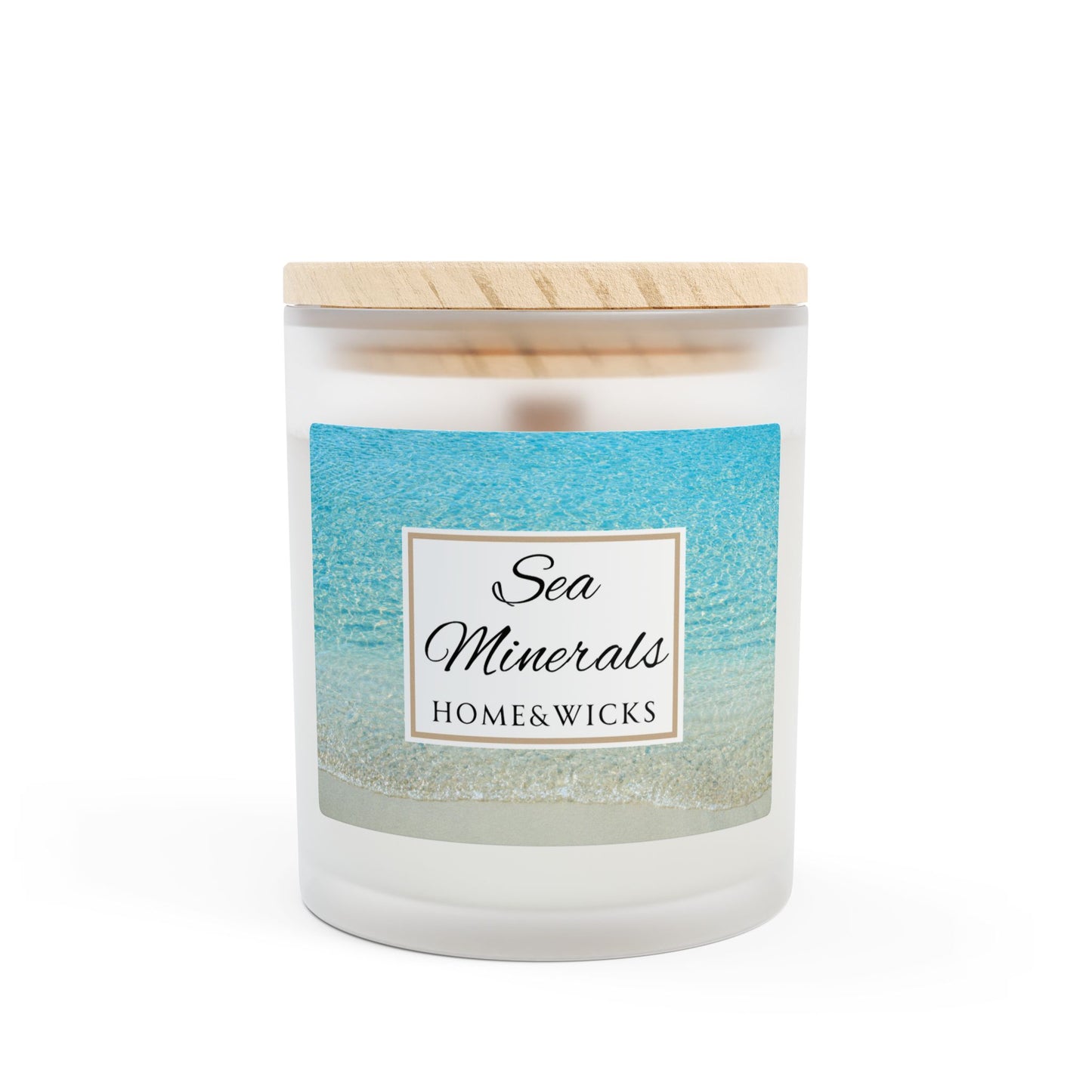 Candle with a wooden lid and 'Sea Minerals Home & Wicks' label on a white background