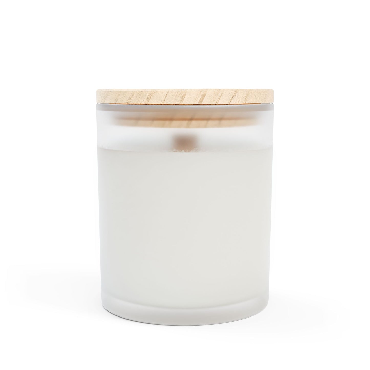 White candle in a glass jar with a wooden lid on a white background Sea Minerals label