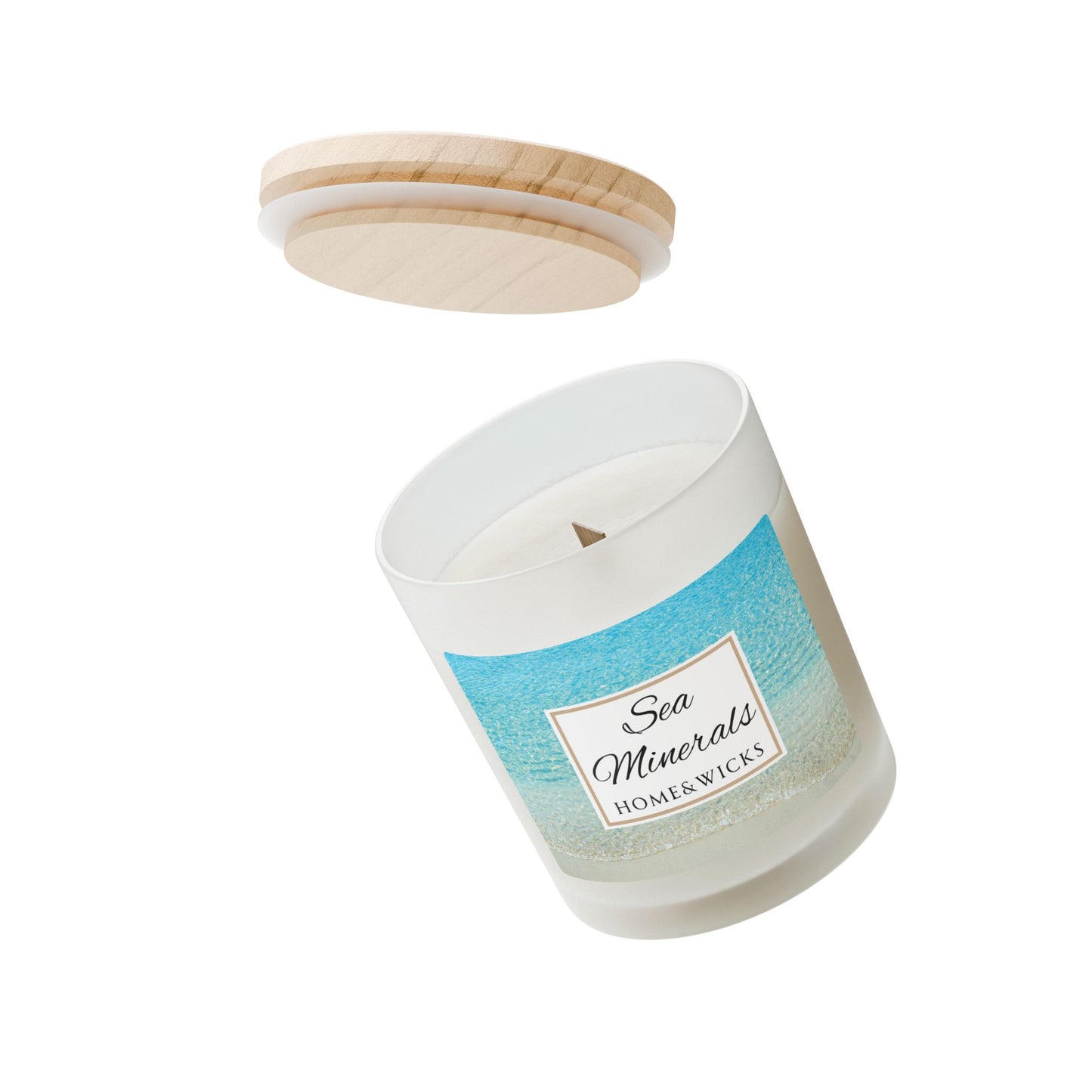 Candle with a wooden lid on a white background with Sea Minerals label
