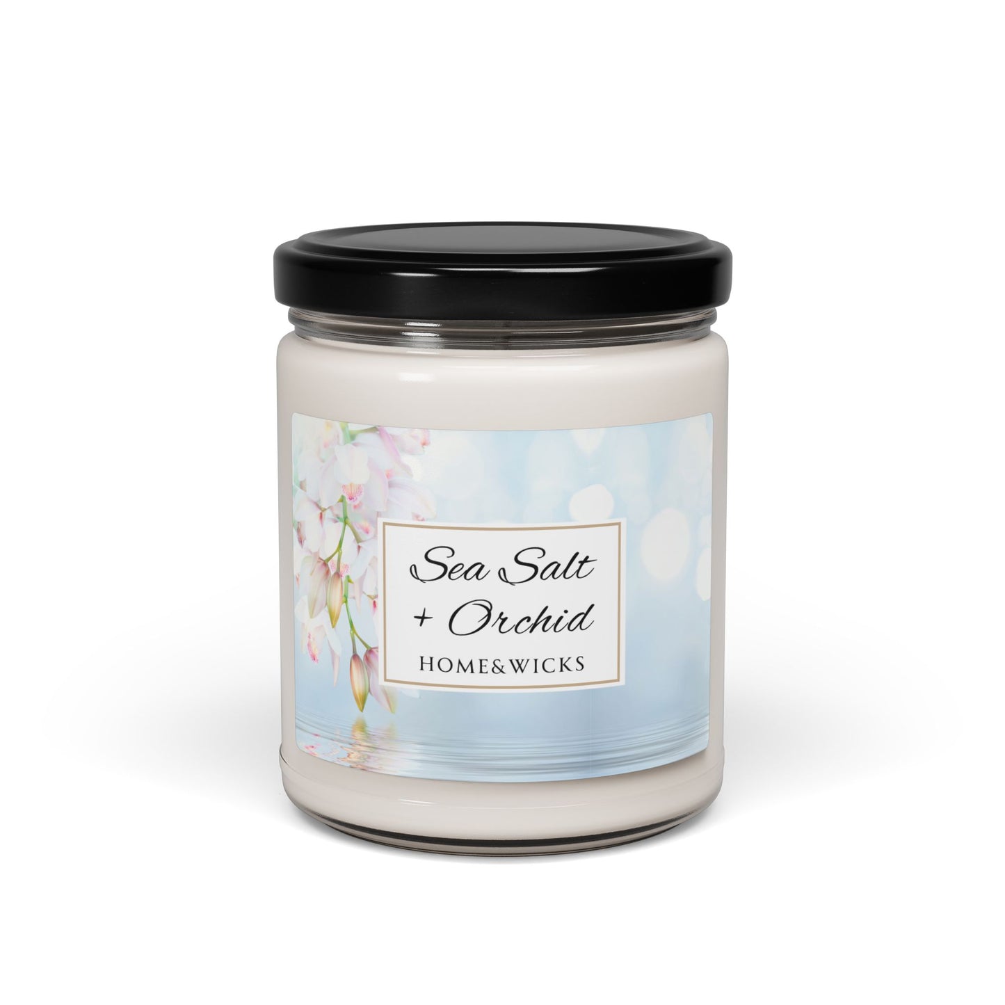 Candle jar labeled 'Sea Salt + Orchid' by Homewicks on a white background