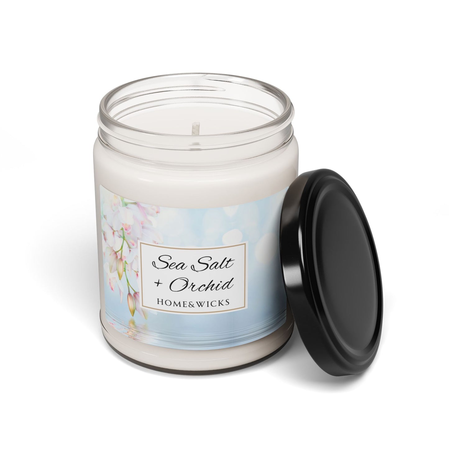 Candle jar labeled 'Sea Salt + Orchid' by Home & Wicks on a white background