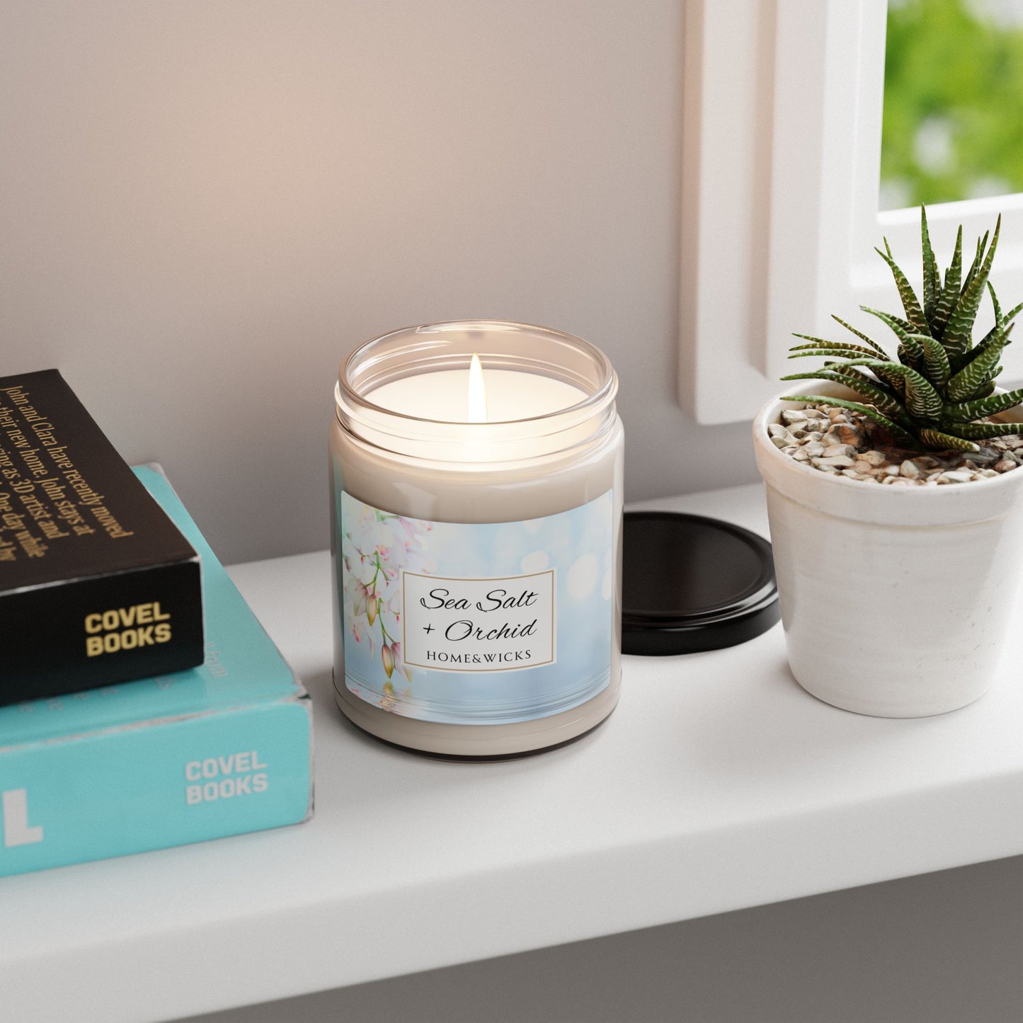 Candle labeled 'Sea Salt + Orchid' by Homebodies on a shelf with books and a plant.