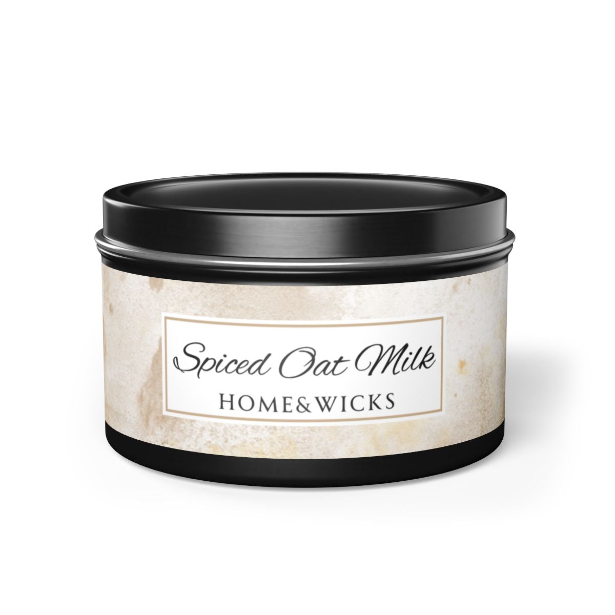 Spiced Oat Milk Coconut Soy Wax Candle, 8 oz. Black Tin Jar with Lid - Cinnamon Scented Candle, Cozy Candle, Gourmand Spice Candle