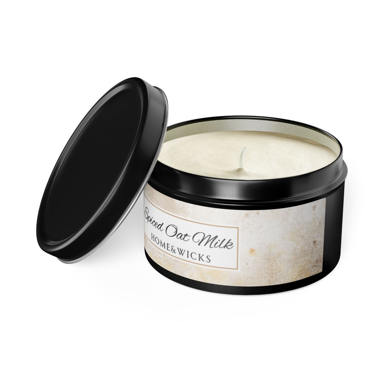 Spiced Oat Milk Coconut Soy Wax Candle, 8 oz. Black Tin Jar with Lid - Cinnamon Scented Candle, Cozy Candle, Gourmand Spice Candle