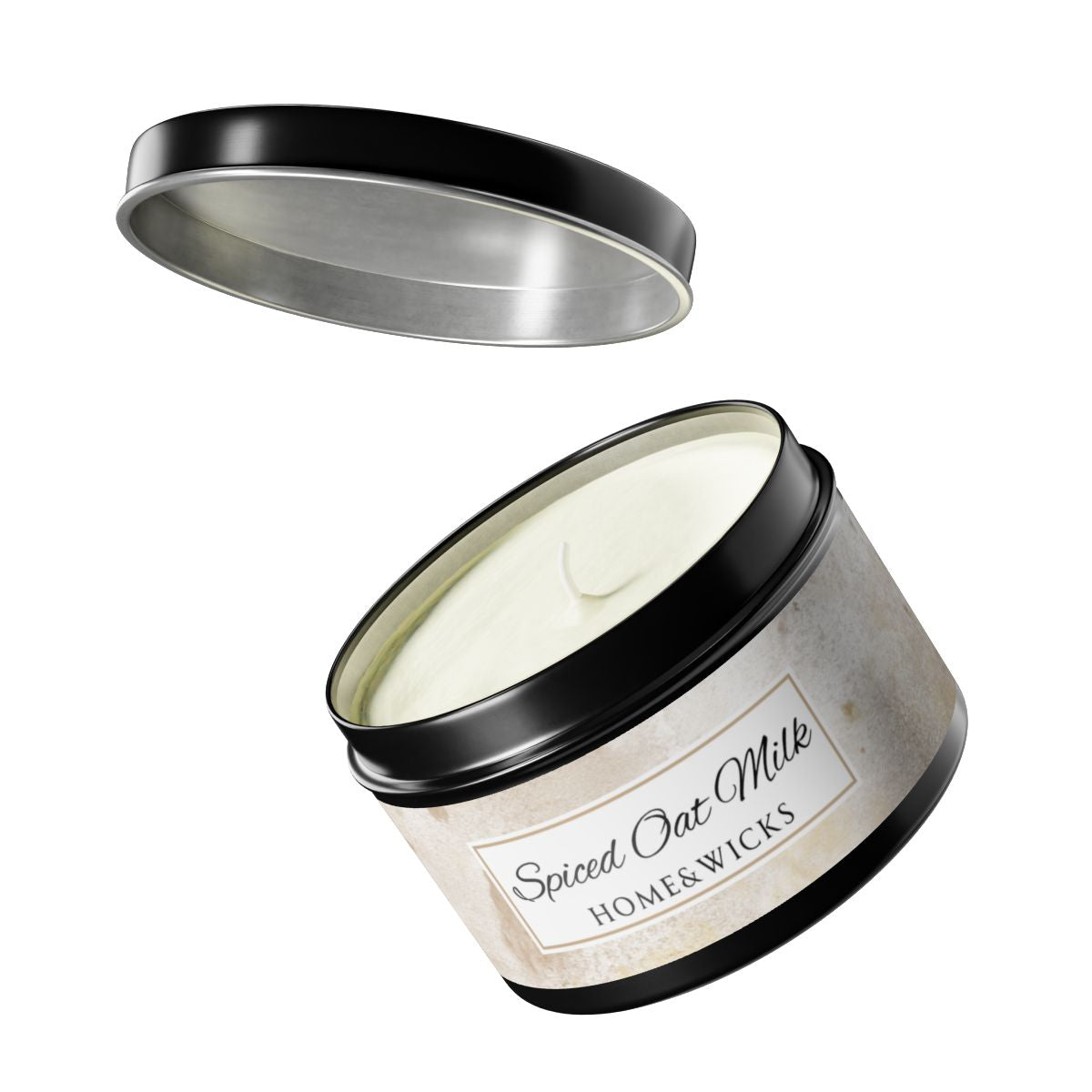 Spiced Oat Milk Coconut Soy Wax Candle, 8 oz. Black Tin Jar with Lid - Cinnamon Scented Candle, Cozy Candle, Gourmand Spice Candle