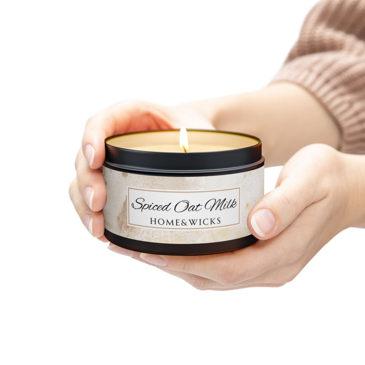 Spiced Oat Milk Coconut Soy Wax Candle, 8 oz. Black Tin Jar with Lid - Cinnamon Scented Candle, Cozy Candle, Gourmand Spice Candle