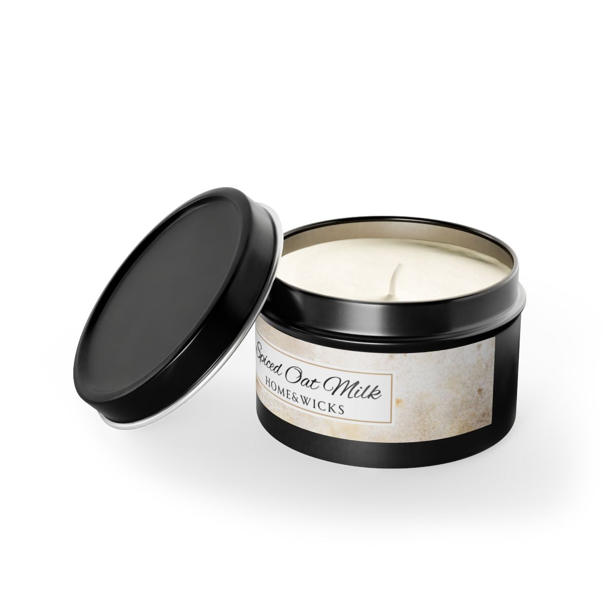 Spiced Oat Milk Scented Coconut Soy Wax Candle, 4 oz. Black Tin Jar with Lid - Cinnamon Scented Candle, Cozy Candle, Gourmand Spice Candle