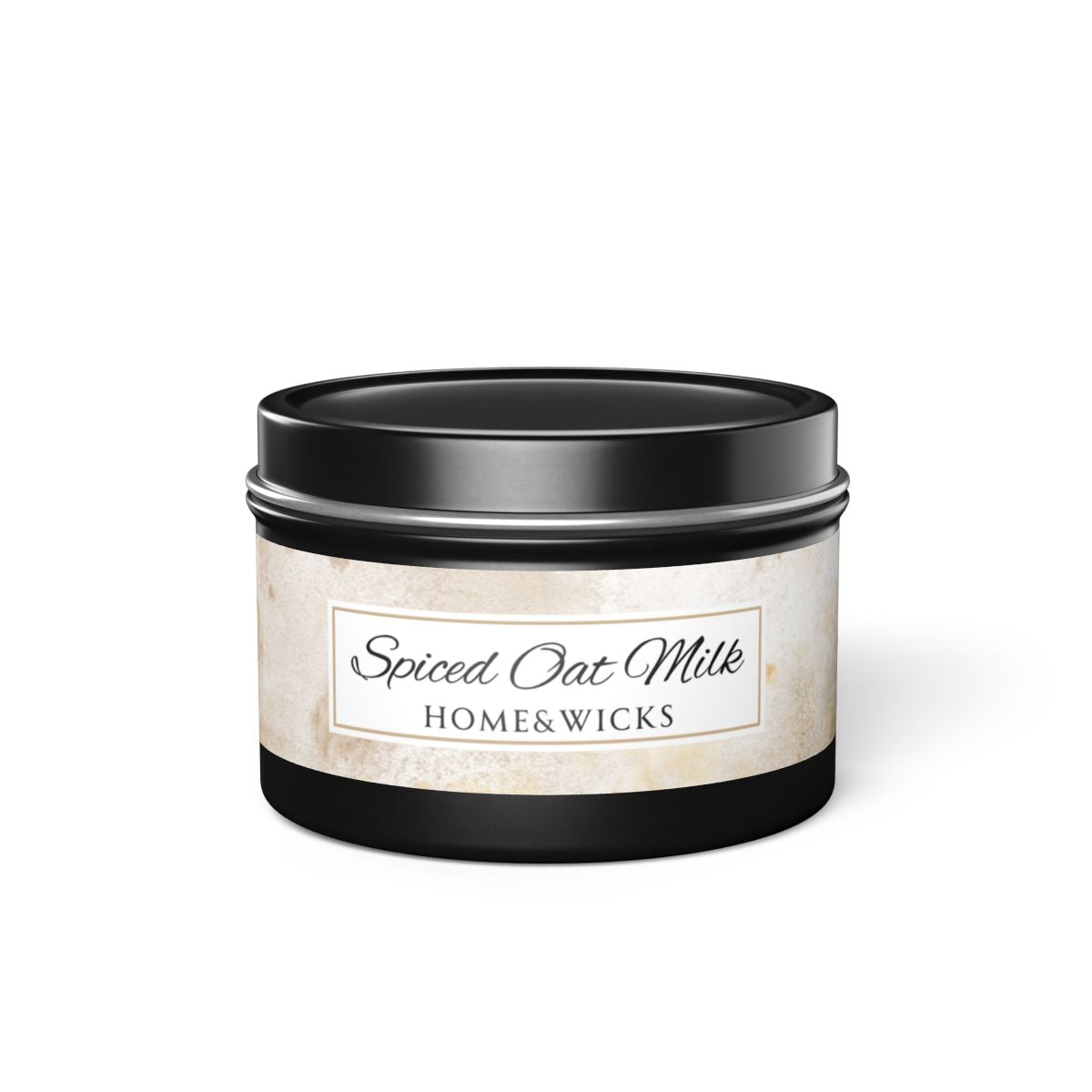 Spiced Oat Milk Scented Coconut Soy Wax Candle, 4 oz. Black Tin Jar with Lid - Cinnamon Scented Candle, Cozy Candle, Gourmand Spice Candle