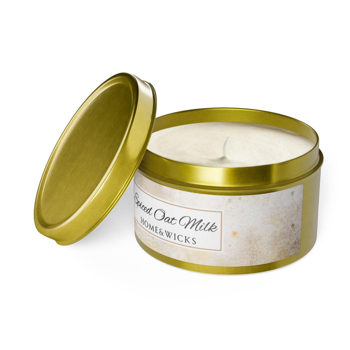 Spiced Oat Milk Scented Coconut Soy Wax Candle, 8 oz. Gold Tin Jar with Lid - Cinnamon Scented Candle, Cozy Candle, Gourmand Spice Candle