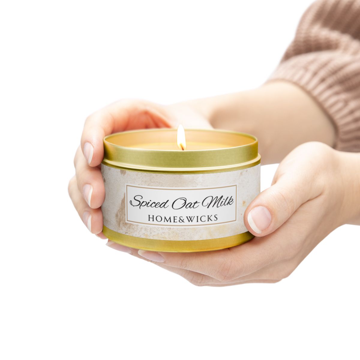 Spiced Oat Milk Scented Coconut Soy Wax Candle, 8 oz. Gold Tin Jar with Lid - Cinnamon Scented Candle, Cozy Candle, Gourmand Spice Candle