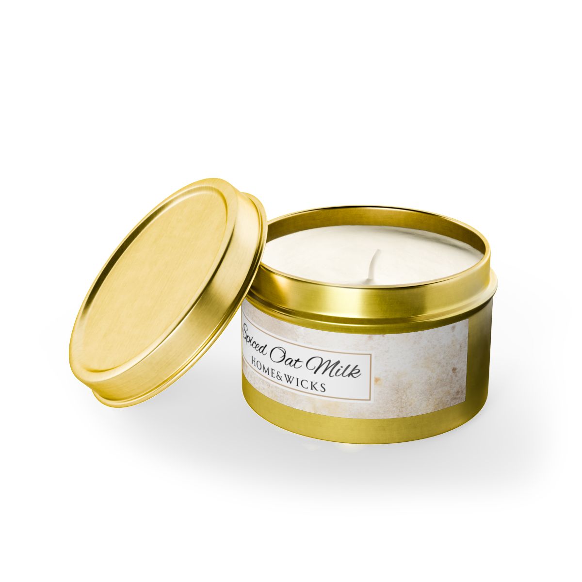 Spiced Oat Milk Coconut Soy Wax Candle, 4 oz. Gold Tin Jar with Lid - Cinnamon Scented Candle, Cozy Candle, Gourmand Spice Candle
