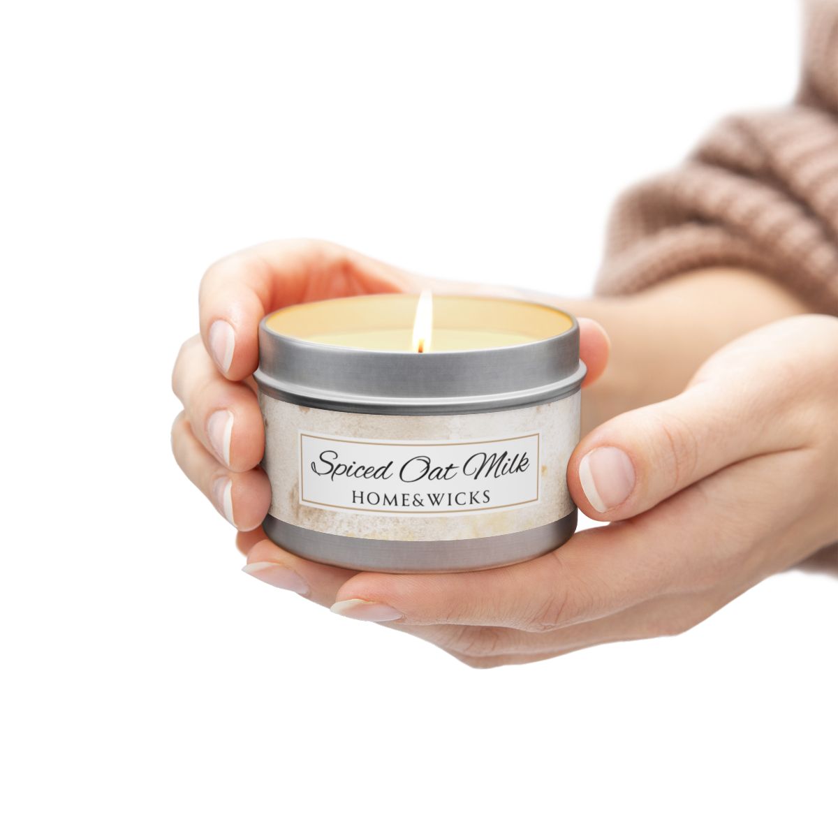 Spiced Oat Milk Coconut Soy Wax Candle, 4 oz. Silver Tin Jar with Lid - Cinnamon Scented Candle, Cozy Candle, Gourmand Spice Candle