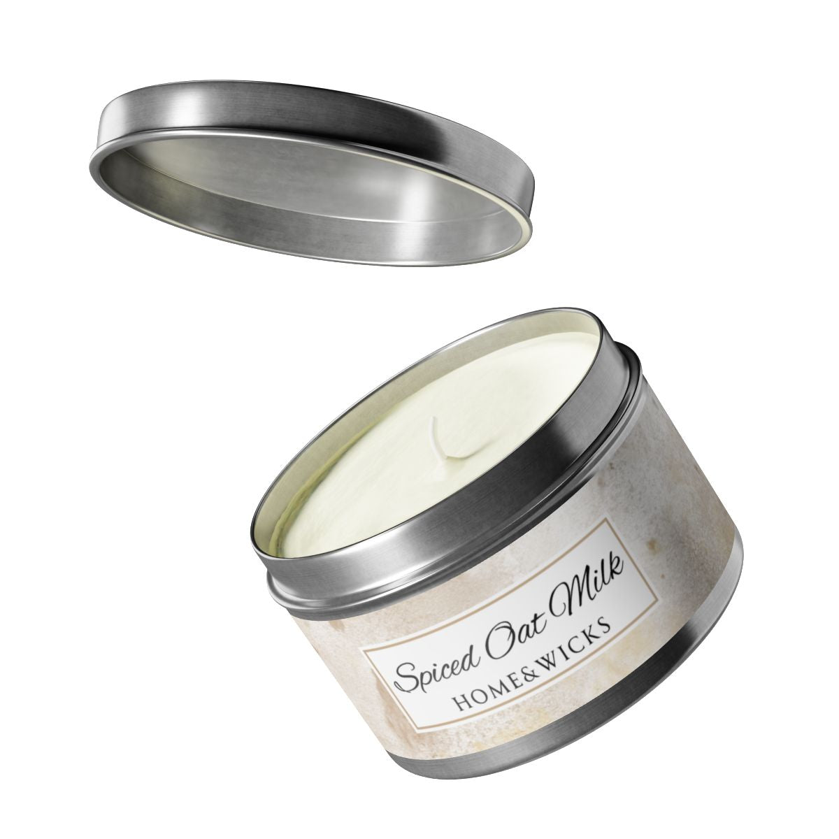 Spiced Oat Milk Scented Coconut Soy Wax Candle, 8 oz. Silver Tin Jar with Lid - Cinnamon Scented Candle, Cozy Candle, Gourmand Spice Candle