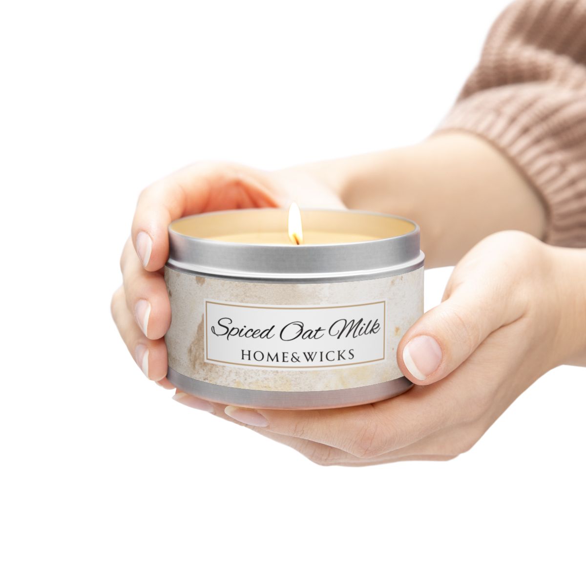 Spiced Oat Milk Scented Coconut Soy Wax Candle, 8 oz. Silver Tin Jar with Lid - Cinnamon Scented Candle, Cozy Candle, Gourmand Spice Candle