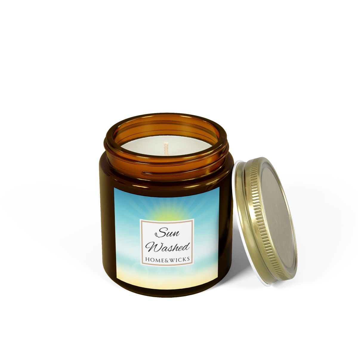 Sun Washed candle in a 4 oz. jar labeled 'Sun Washed' with sun graphic by Home & Wicks on a white background