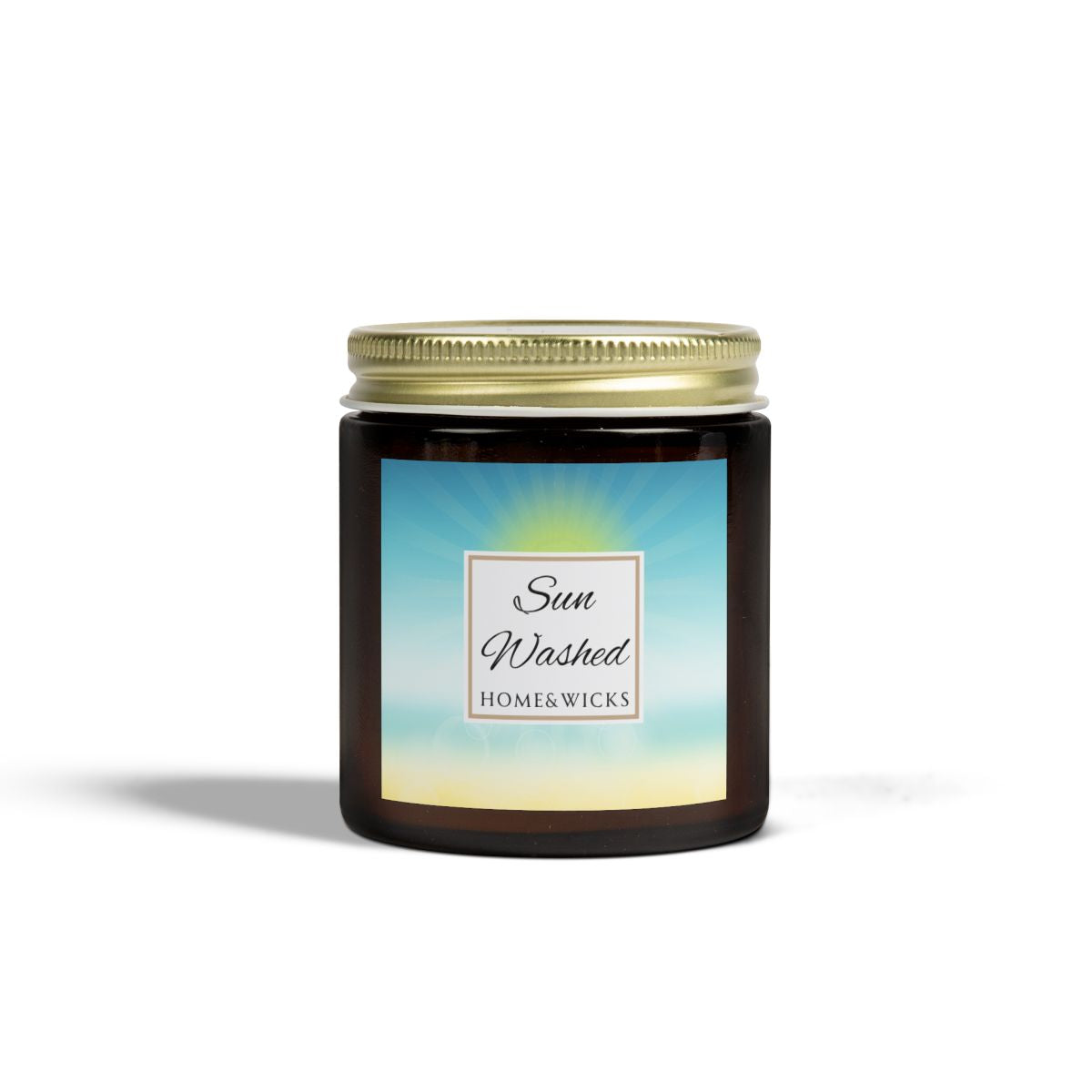 Sun Washed candle in a 4 oz. jar labeled 'Sun Washed' with sun graphic by Home & Wicks on a white background