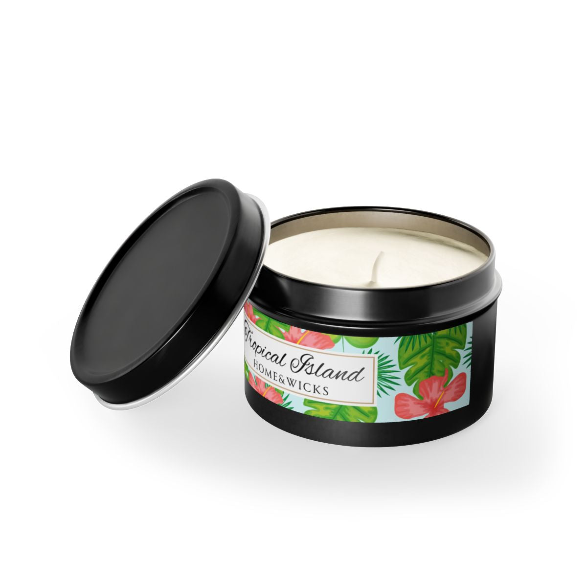Tropical Island Coconut Soy Wax Candle, 4 oz. Black Tin Jar with Lid - Tropical Candle, Fruit Scented Candle, Tropical Decor
