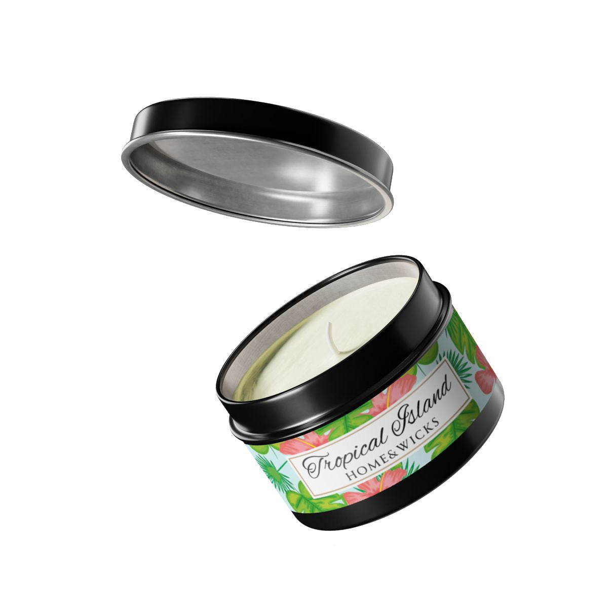 Tropical Island Coconut Soy Wax Candle, 4 oz. Black Tin Jar with Lid - Tropical Candle, Fruit Scented Candle, Tropical Decor