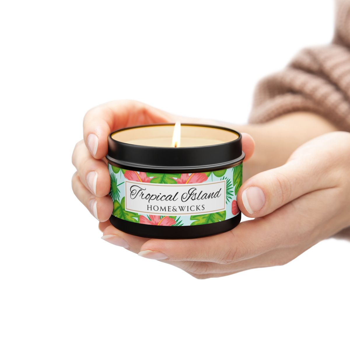 Tropical Island Coconut Soy Wax Candle, 4 oz. Black Tin Jar with Lid - Tropical Candle, Fruit Scented Candle, Tropical Decor