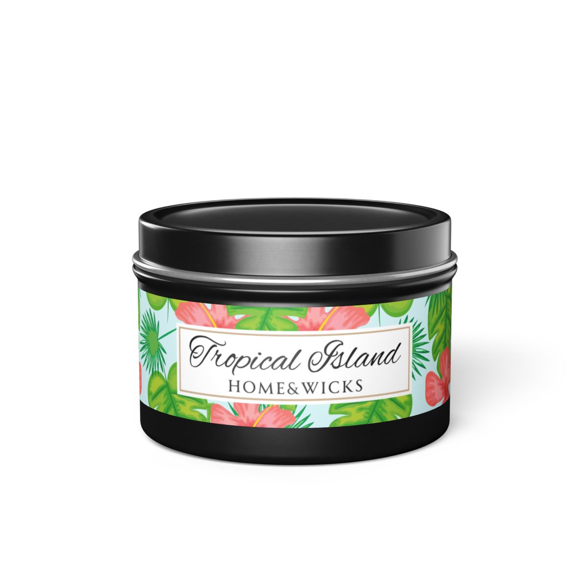 Tropical Island Coconut Soy Wax Candle, 4 oz. Black Tin Jar with Lid - Tropical Candle, Fruit Scented Candle, Tropical Decor