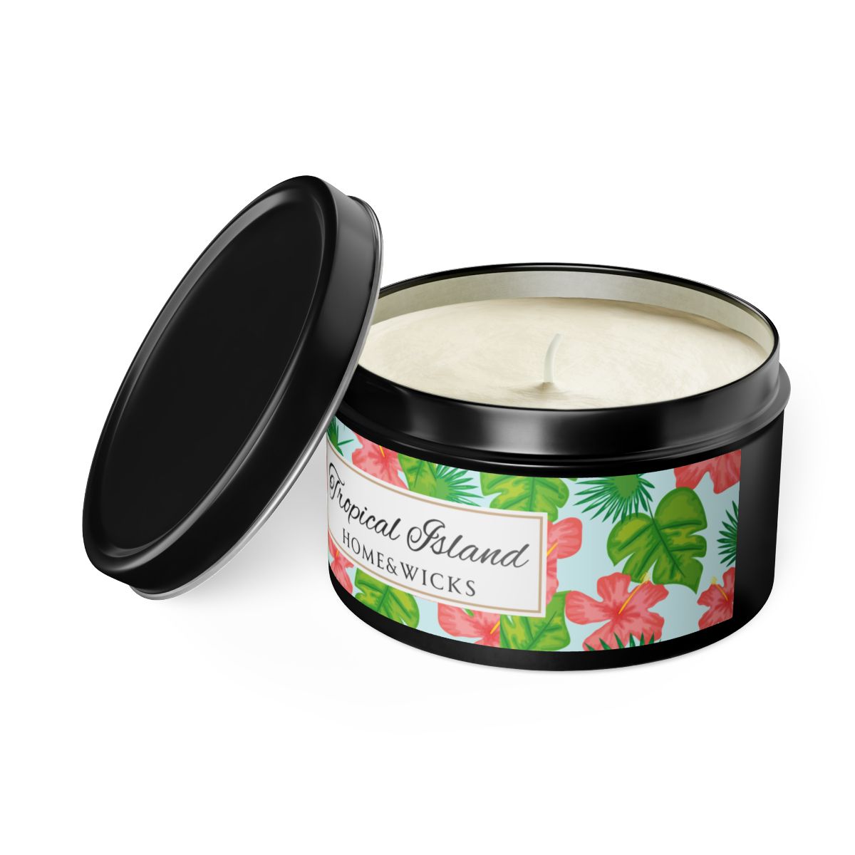 Tropical Island Scented Coconut Soy Wax Candle, 8 oz. Black Tin Jar with Lid - Tropical Candle, Fruit Scented Candle, Tropical Decor