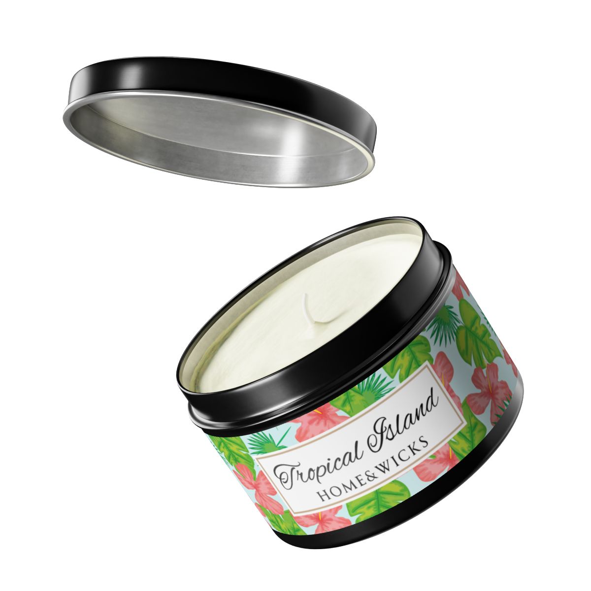 Tropical Island Scented Coconut Soy Wax Candle, 8 oz. Black Tin Jar with Lid - Tropical Candle, Fruit Scented Candle, Tropical Decor