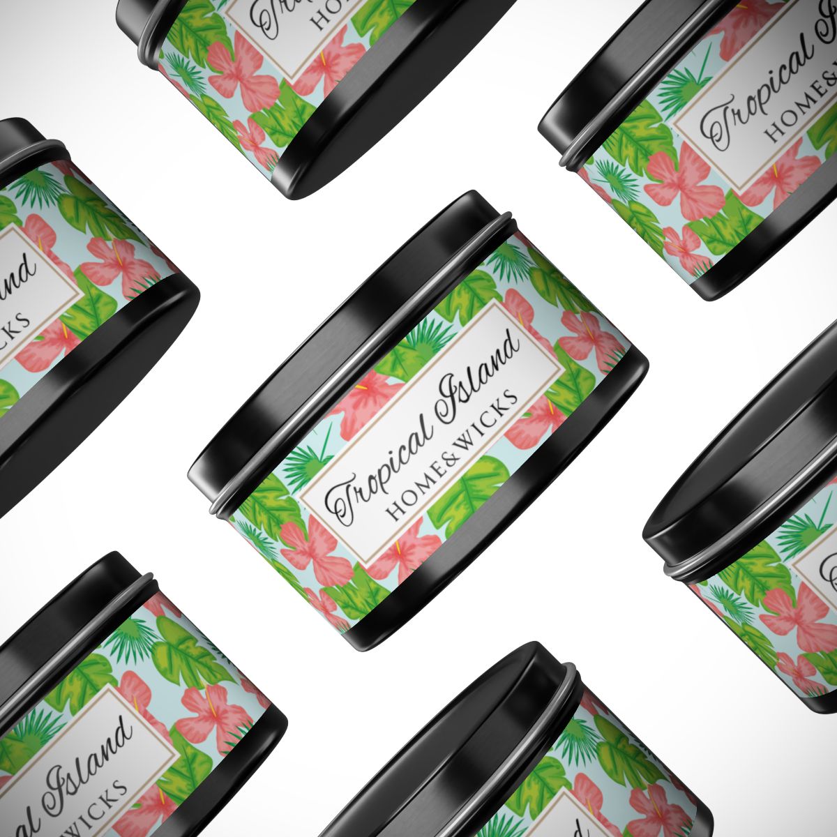 Tropical Island Scented Coconut Soy Wax Candle, 8 oz. Black Tin Jar with Lid - Tropical Candle, Fruit Scented Candle, Tropical Decor