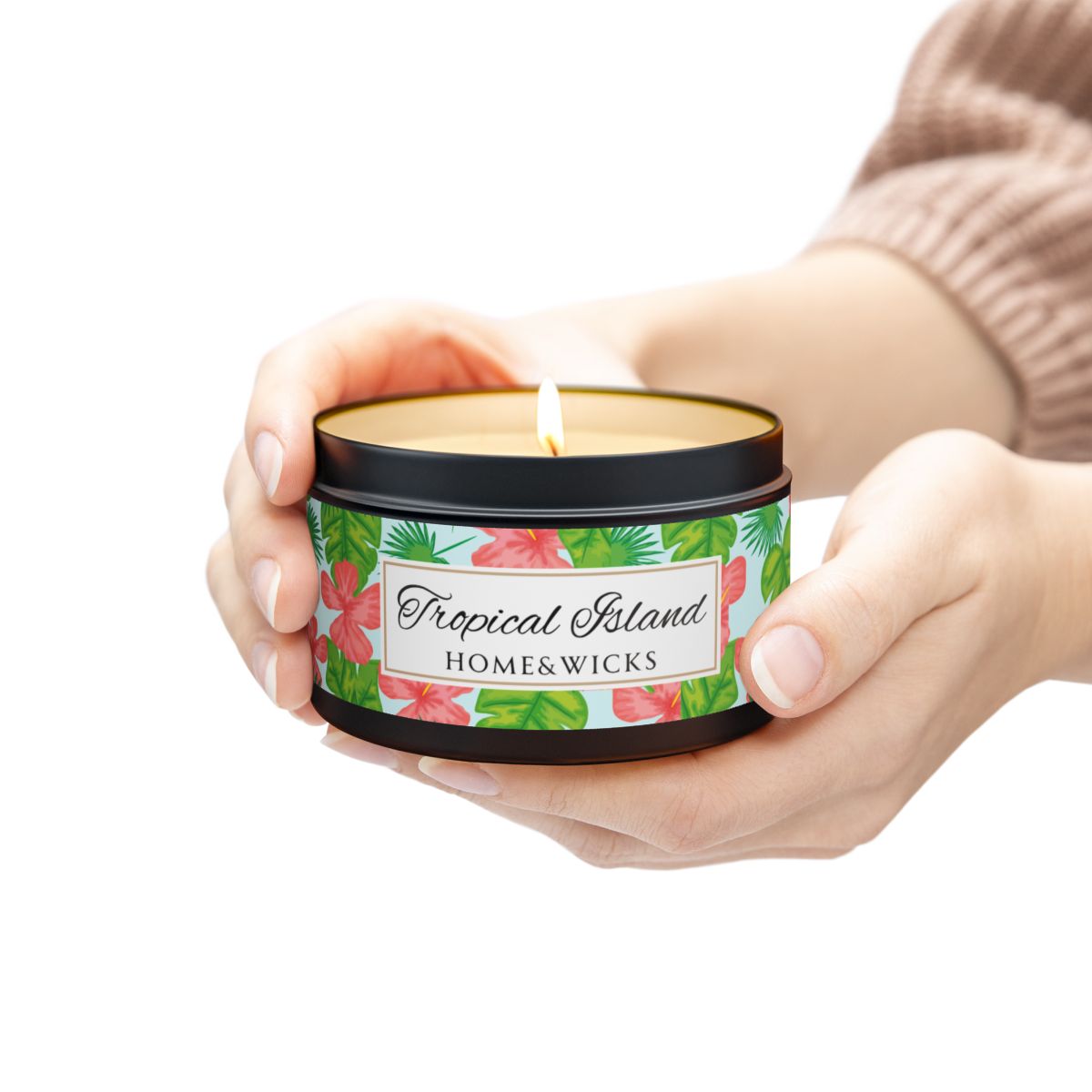 Tropical Island Scented Coconut Soy Wax Candle, 8 oz. Black Tin Jar with Lid - Tropical Candle, Fruit Scented Candle, Tropical Decor