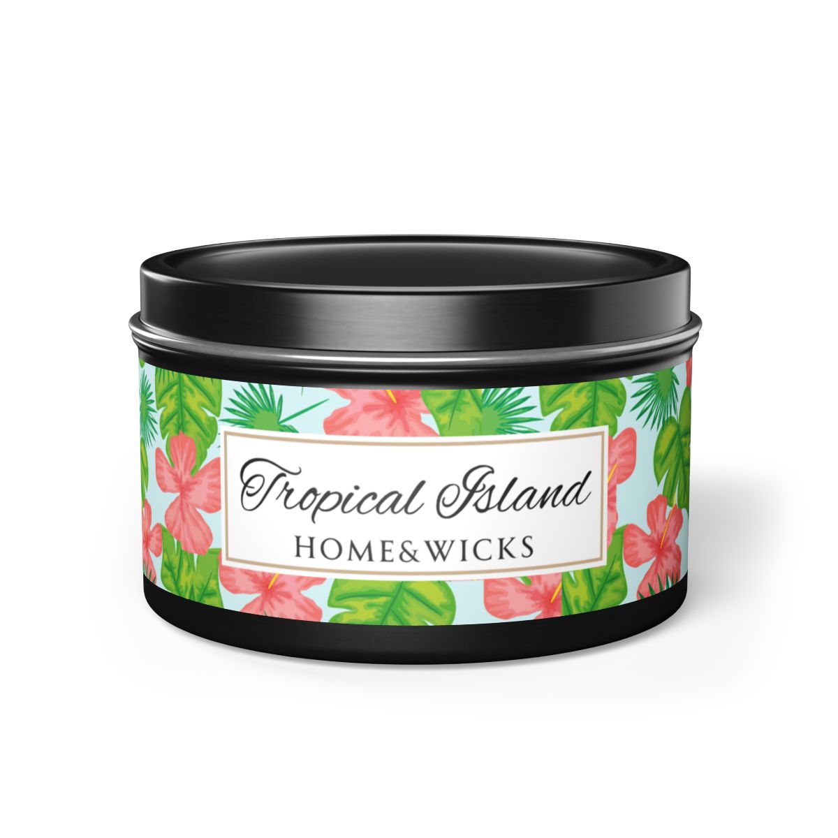 Tropical Island Scented Coconut Soy Wax Candle, 8 oz. Black Tin Jar with Lid - Tropical Candle, Fruit Scented Candle, Tropical Decor