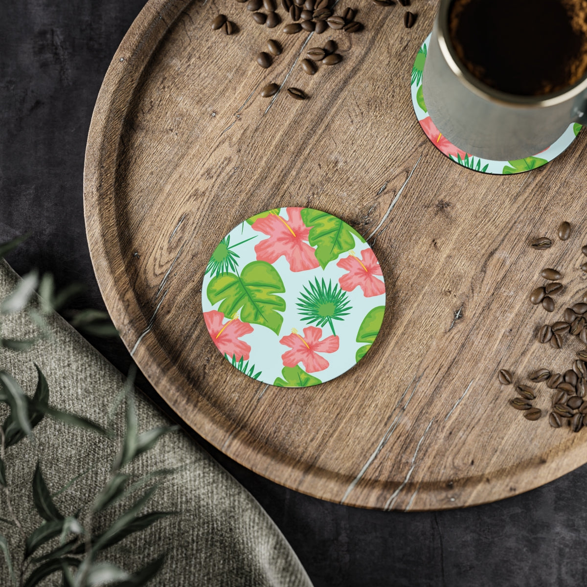 Tropical Island - Round Hardboard Coaster, Cork Backed - 3.75" x 3.75" - Perfect for Tropical Home Decor and Gifts - Priced per coaster