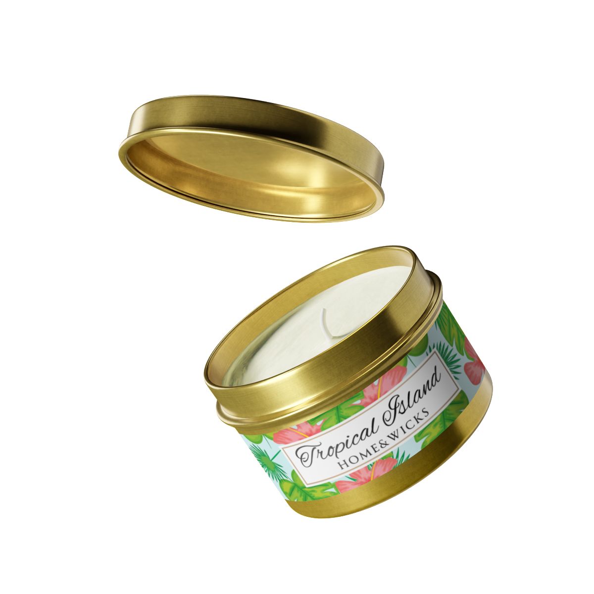 Tropical Island Coconut Soy Wax Candle, 4 oz. Gold Tin Jar with Lid - Tropical Candle, Fruit Scented Candle, Tropical Decor