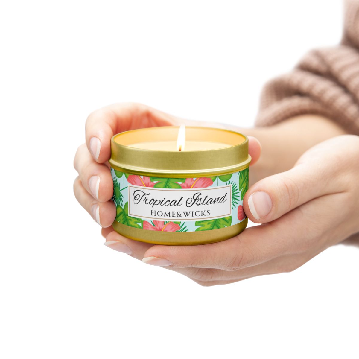 Tropical Island Coconut Soy Wax Candle, 4 oz. Gold Tin Jar with Lid - Tropical Candle, Fruit Scented Candle, Tropical Decor