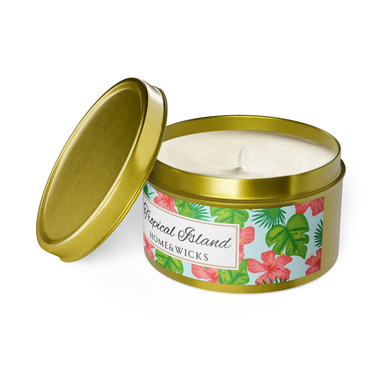 Tropical Island Coconut Soy Wax Candle, 8 oz. Gold Tin Jar with Lid - Tropical Candle, Fruit Scented Candle, Tropical Decor