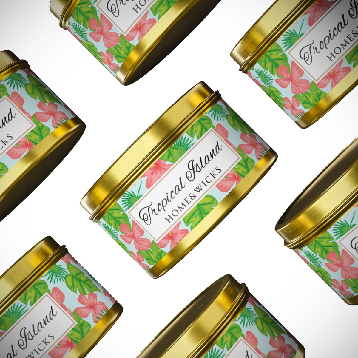 Tropical Island Coconut Soy Wax Candle, 8 oz. Gold Tin Jar with Lid - Tropical Candle, Fruit Scented Candle, Tropical Decor
